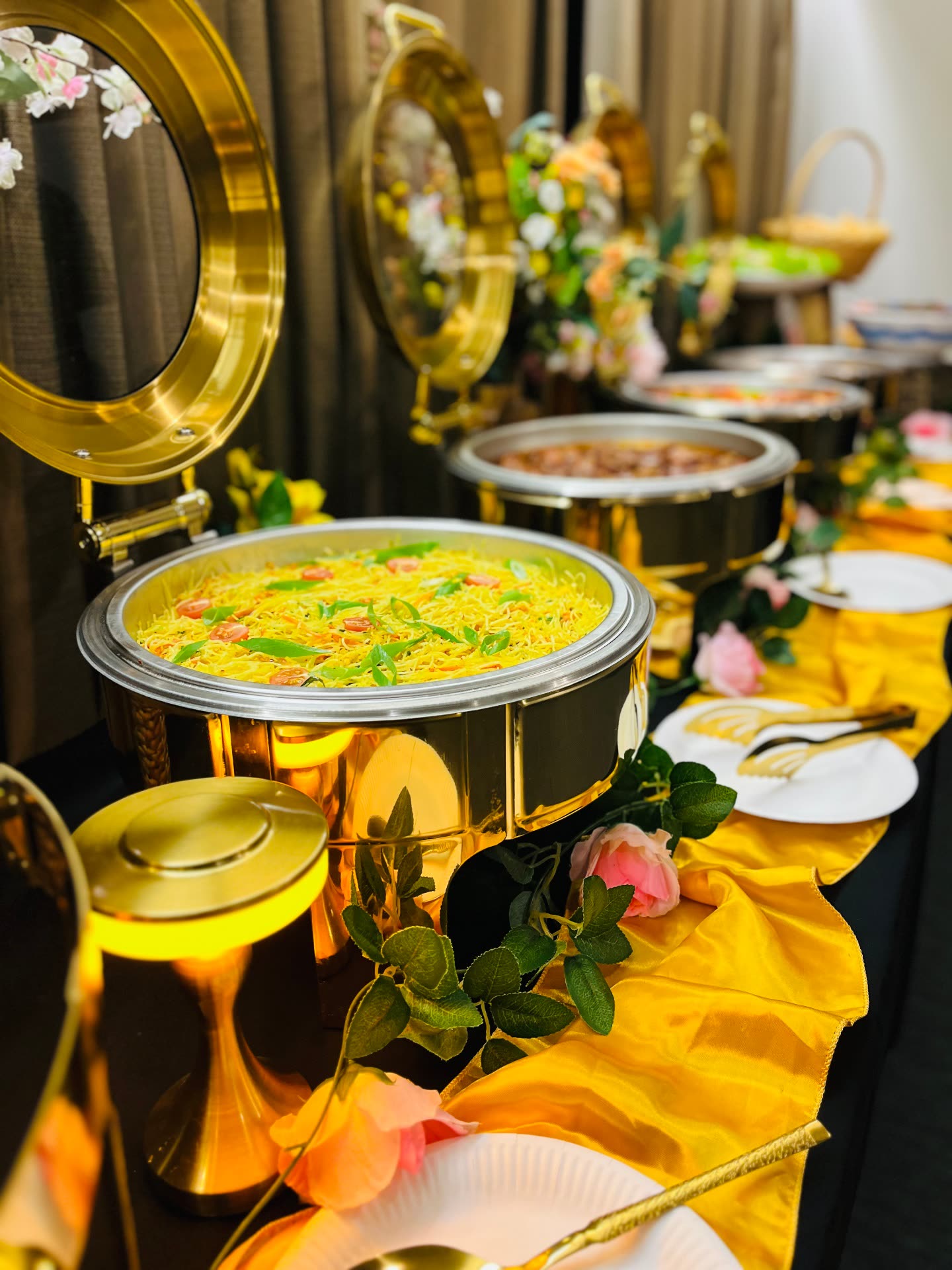 Royal Gold Buffet for a 50th Birthday — 75 Guests · Gold Cheffing Dish Display catered by Pranitha Foods Catering